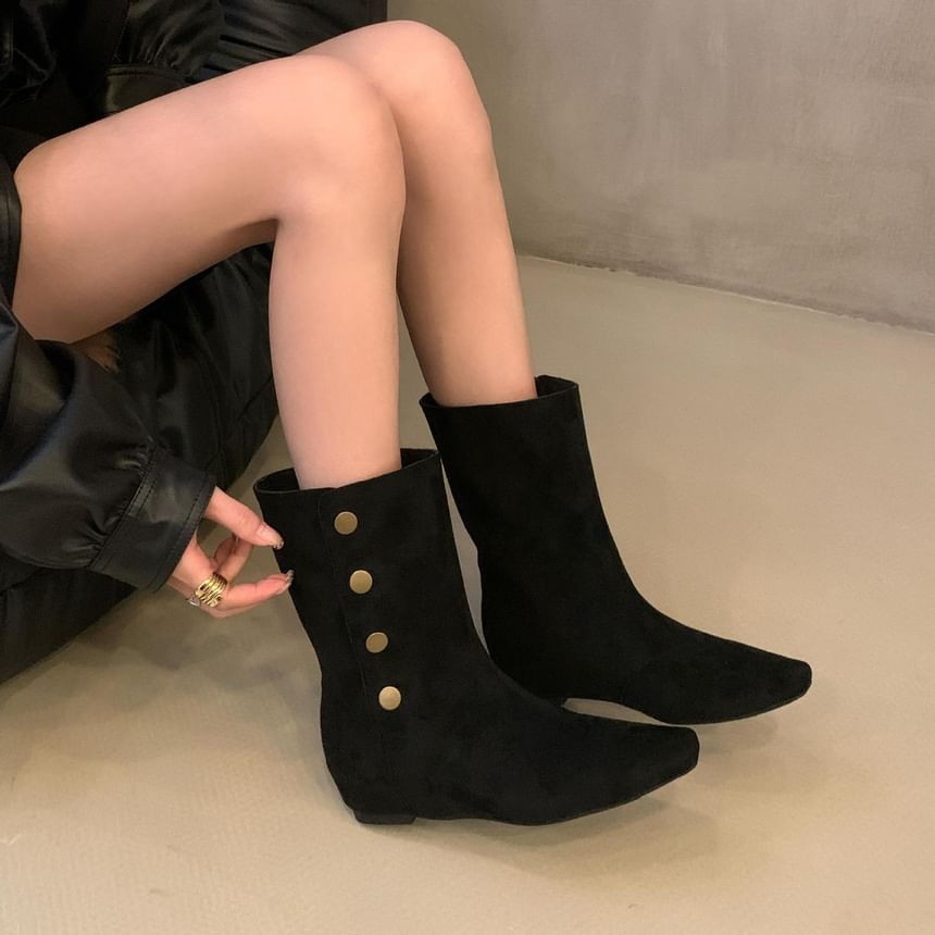 Hidden Wedge Plain Buttoned Mid-Calf Boots SpreePicky