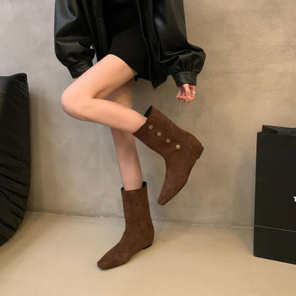 Hidden Wedge Plain Buttoned Mid-Calf Boots SpreePicky