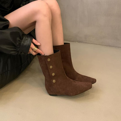 Hidden Wedge Plain Buttoned Mid-Calf Boots SpreePicky