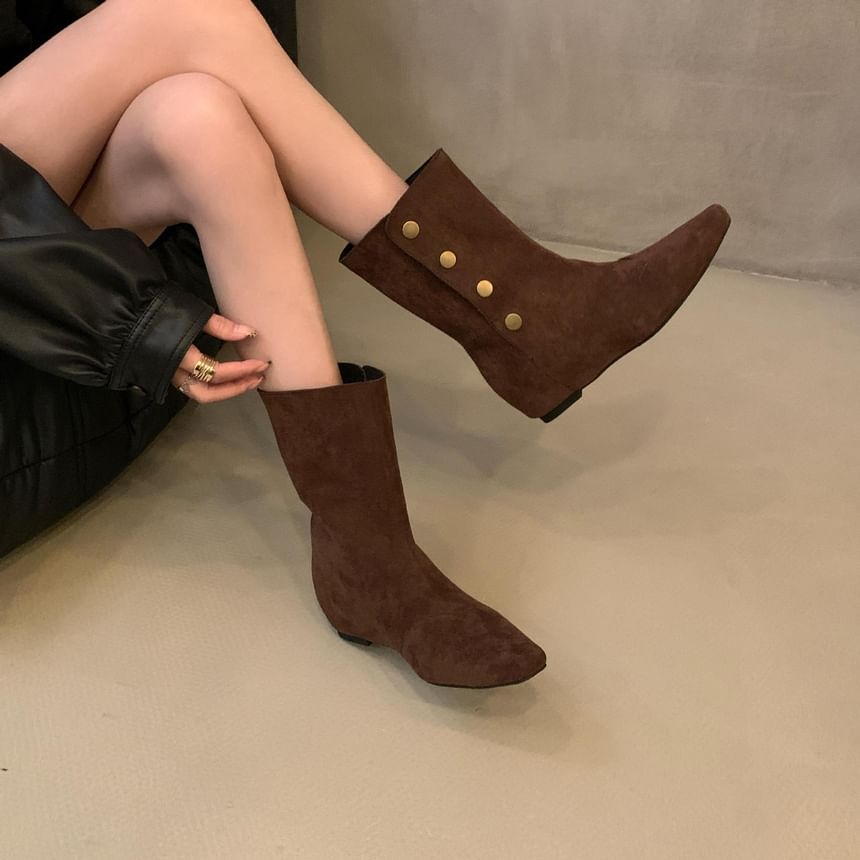 Hidden Wedge Plain Buttoned Mid-Calf Boots SpreePicky