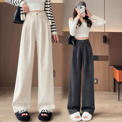 High Rise Plain Corduroy Wide Leg Dress Pants SpreePicky