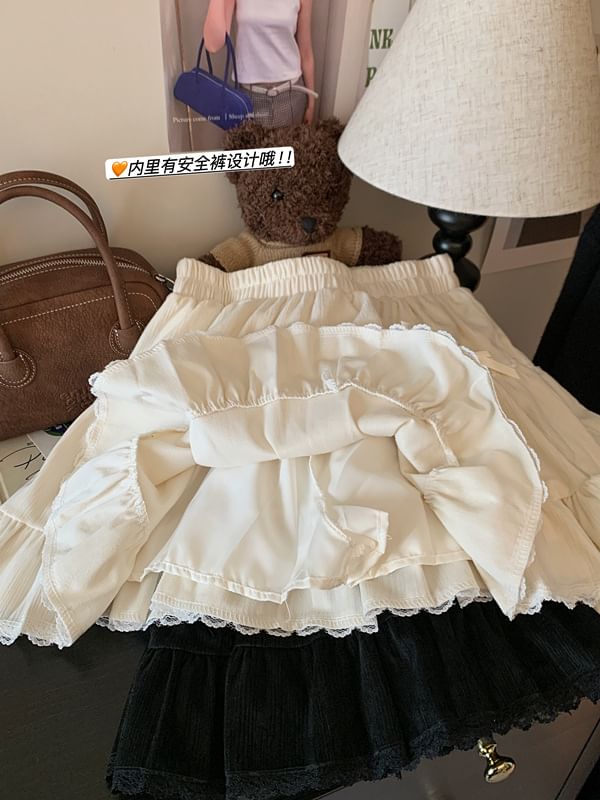 High Rise Plain Bow Lace Trim Mini A-Line Skirt SpreePicky