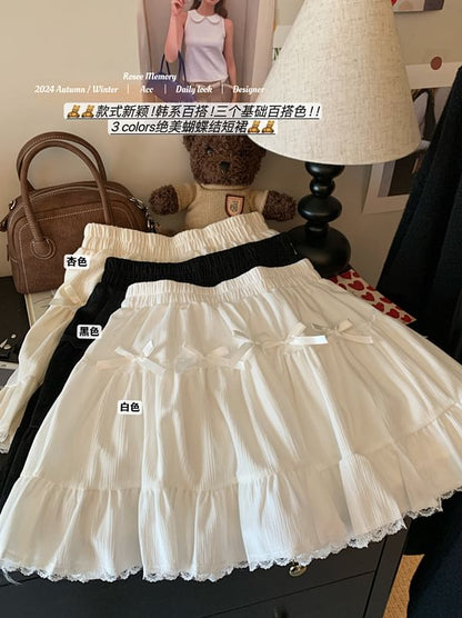 High Rise Plain Bow Lace Trim Mini A-Line Skirt SpreePicky