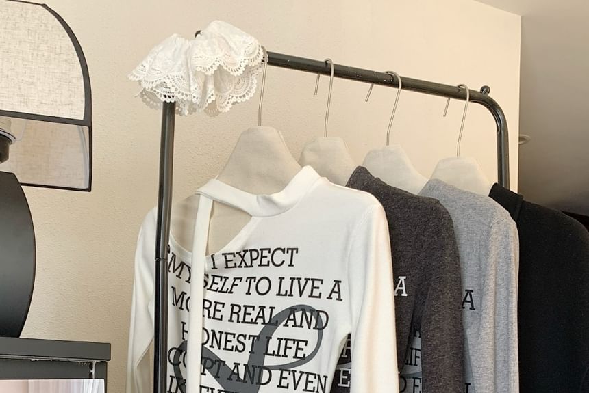 Long-Sleeve One-Shoulder Lettering T-Shirt / High Rise Plain Wide Leg Pants SpreePicky