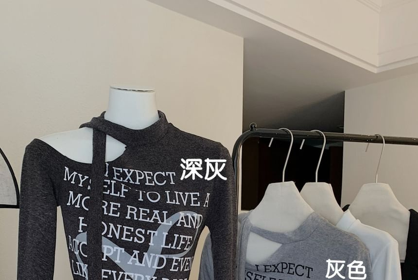 Long-Sleeve One-Shoulder Lettering T-Shirt / High Rise Plain Wide Leg Pants SpreePicky