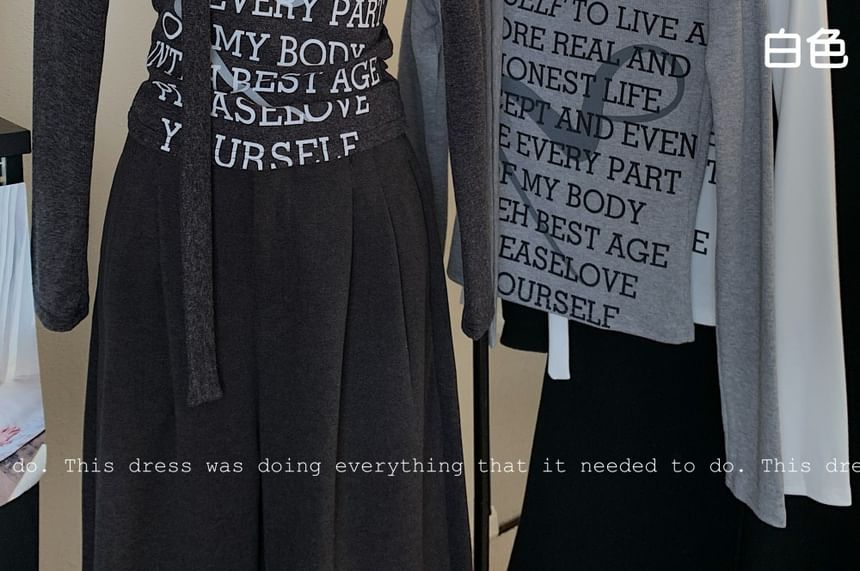 Long-Sleeve One-Shoulder Lettering T-Shirt / High Rise Plain Wide Leg Pants SpreePicky