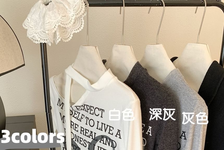 Long-Sleeve One-Shoulder Lettering T-Shirt / High Rise Plain Wide Leg Pants SpreePicky