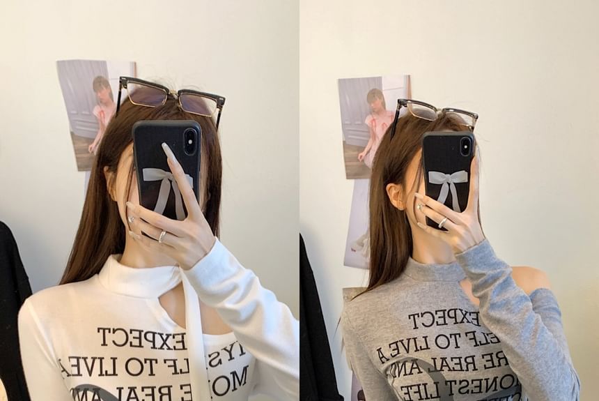 Long-Sleeve One-Shoulder Lettering T-Shirt / High Rise Plain Wide Leg Pants SpreePicky