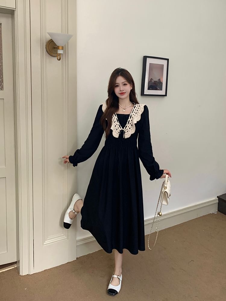 Long Sleeve Square Neck Lace Panel Midi A-Line Dress SpreePicky