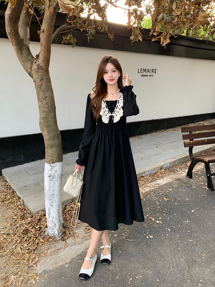 Long Sleeve Square Neck Lace Panel Midi A-Line Dress SpreePicky