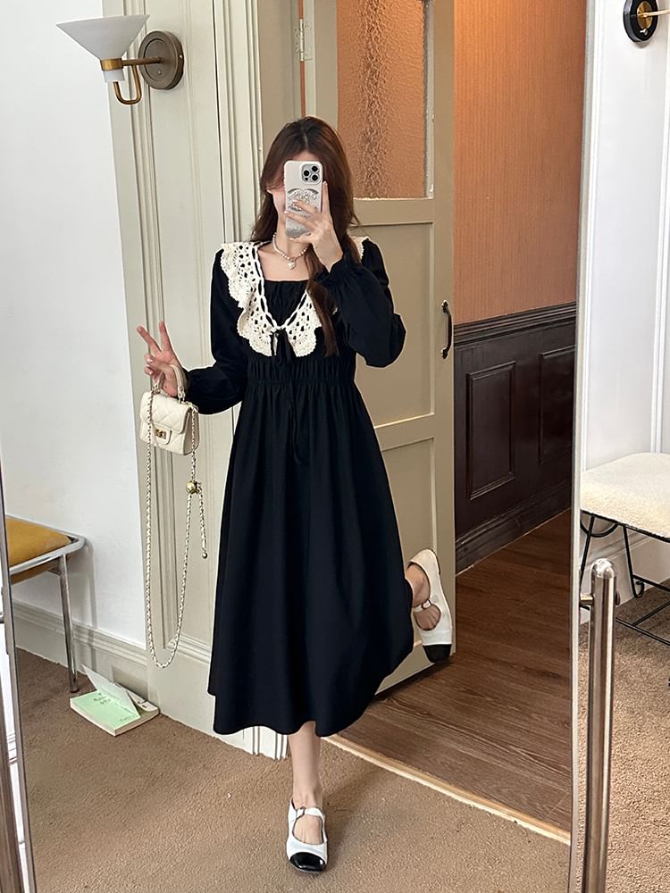 Long Sleeve Square Neck Lace Panel Midi A-Line Dress SpreePicky