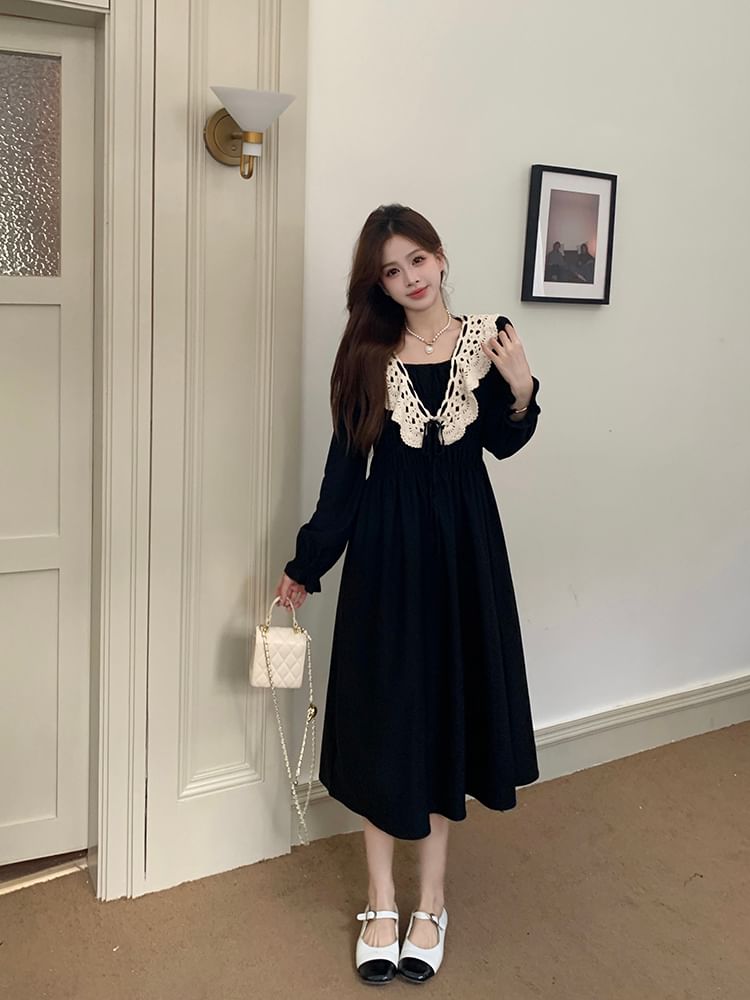 Long Sleeve Square Neck Lace Panel Midi A-Line Dress SpreePicky