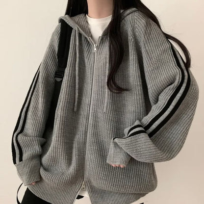 Striped Hooded Oversized Zip Cardigan SpreePicky