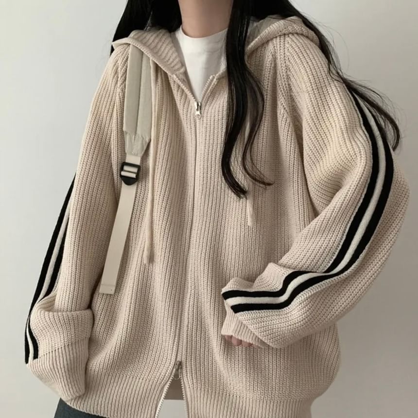 Striped Hooded Oversized Zip Cardigan SpreePicky