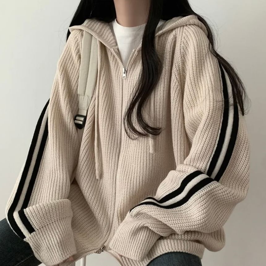 Striped Hooded Oversized Zip Cardigan SpreePicky