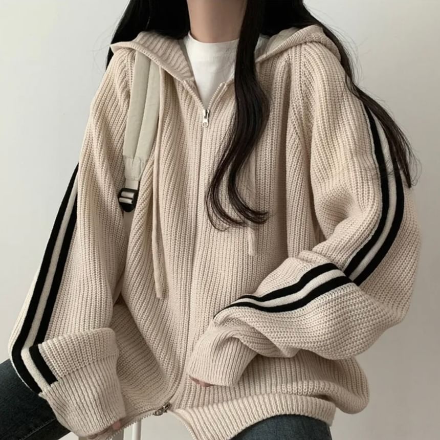 Striped Hooded Oversized Zip Cardigan SpreePicky