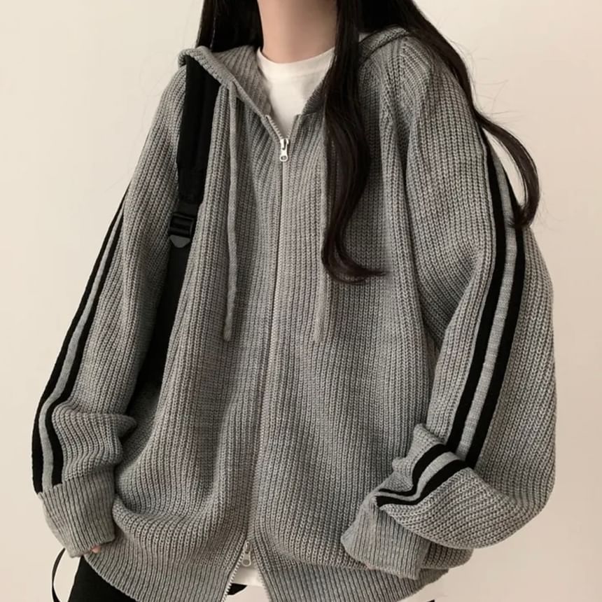 Striped Hooded Oversized Zip Cardigan SpreePicky