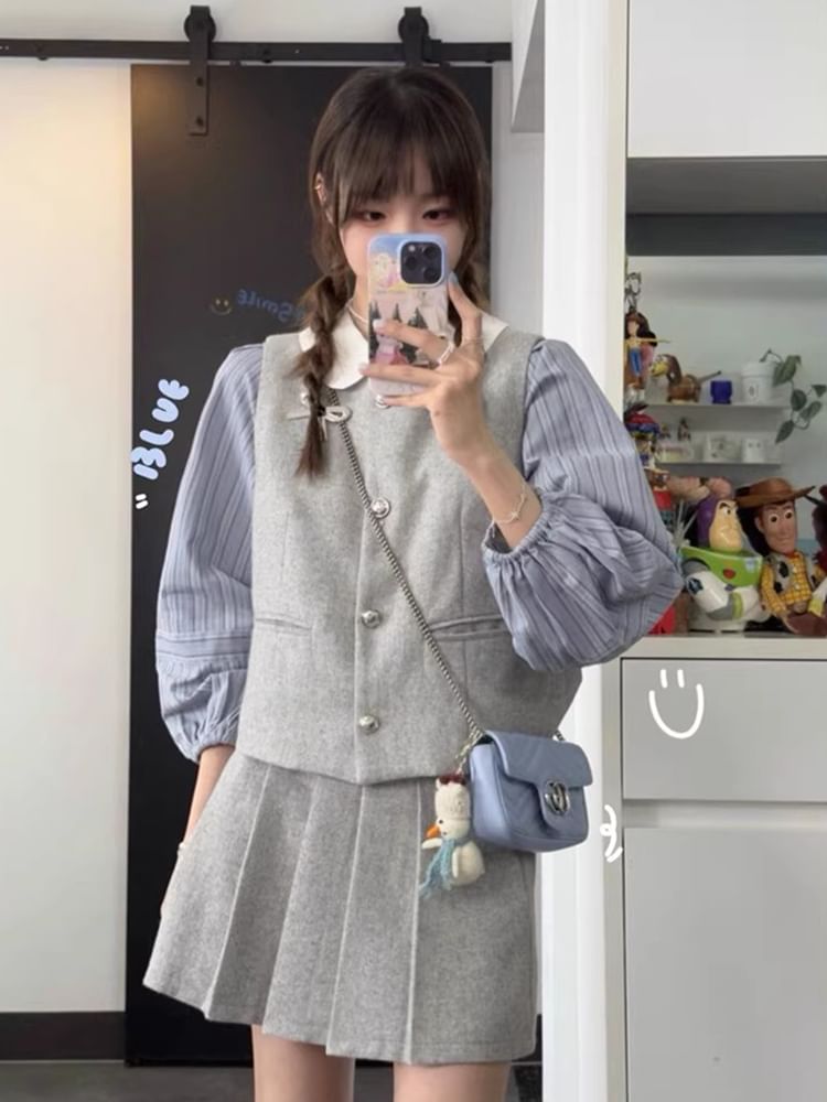 Puff-Sleeve Striped Shirt / Plain Single-Breasted Vest / High Waist Pleated Mini A-Line Skirt SpreePicky