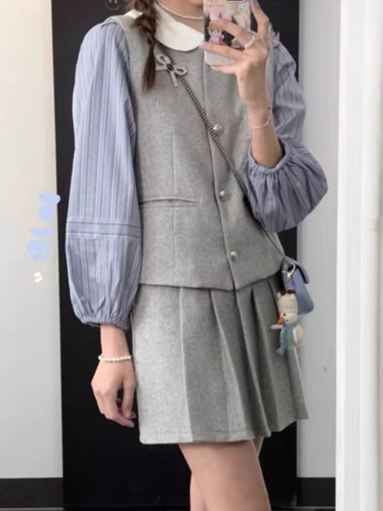 Puff-Sleeve Striped Shirt / Plain Single-Breasted Vest / High Waist Pleated Mini A-Line Skirt SpreePicky