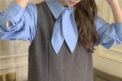 Puff-Sleeve Plain Shirt / Mini Dungaree Dress SpreePicky