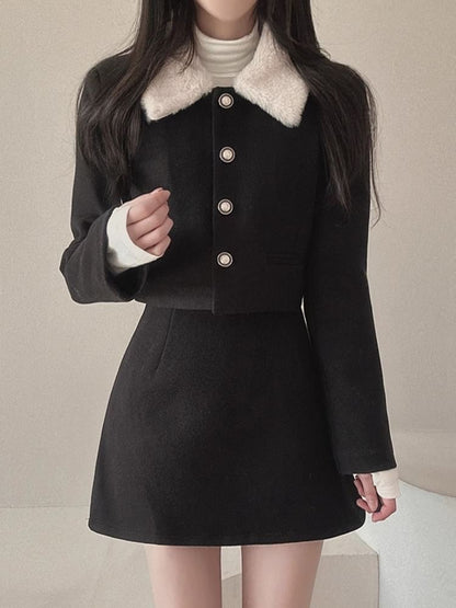 Set: Plain Fluffy Trim Single-Breasted Jacket + High Waist Mini A-Line Skirt SpreePicky