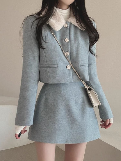 Set: Plain Fluffy Trim Single-Breasted Jacket + High Waist Mini A-Line Skirt SpreePicky