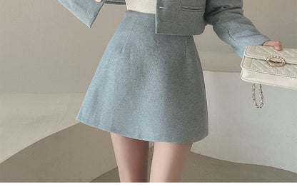 Set: Plain Fluffy Trim Single-Breasted Jacket + High Waist Mini A-Line Skirt SpreePicky