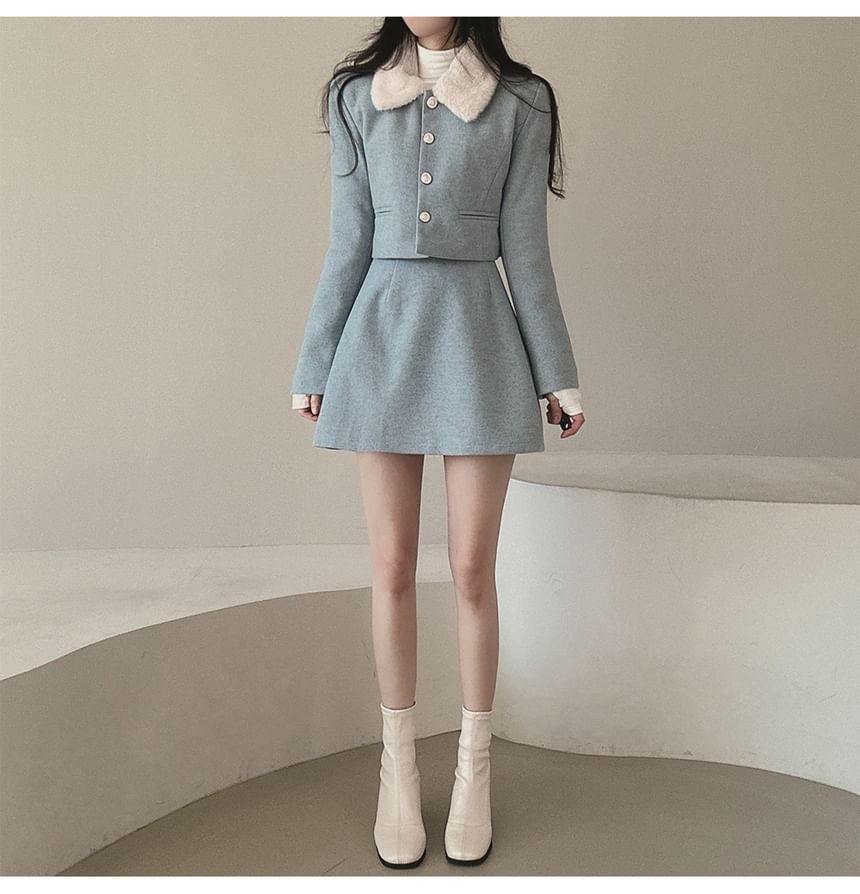 Set: Plain Fluffy Trim Single-Breasted Jacket + High Waist Mini A-Line Skirt SpreePicky