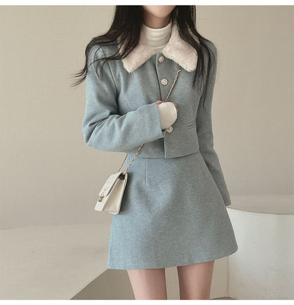 Set: Plain Fluffy Trim Single-Breasted Jacket + High Waist Mini A-Line Skirt SpreePicky