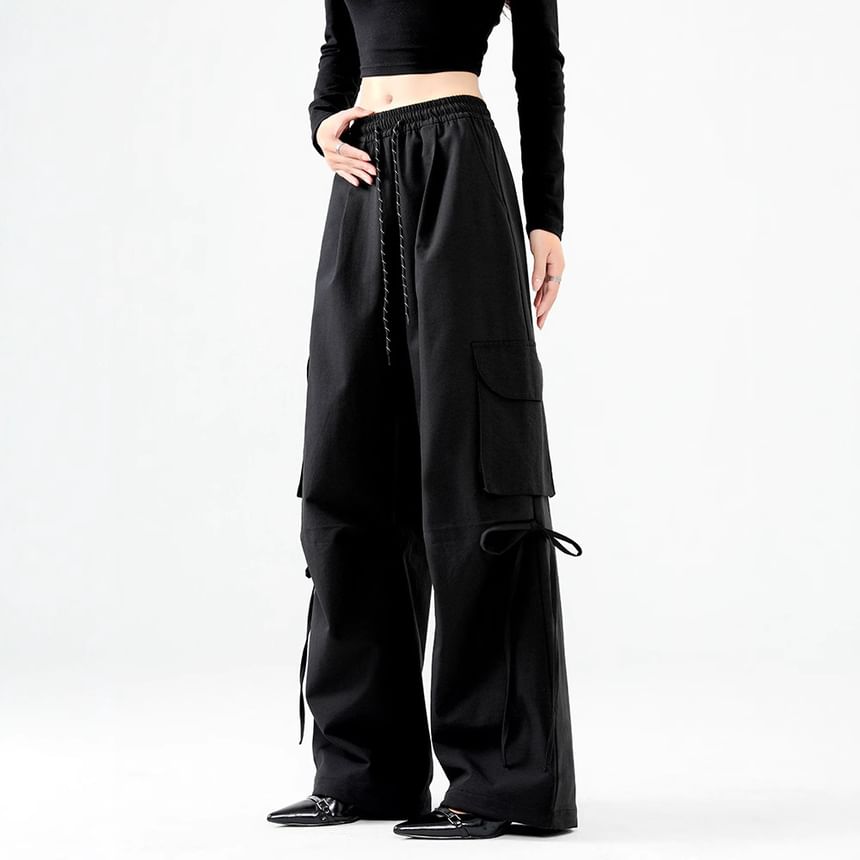 High Rise Plain Pocket Loose-Fit Wide-Leg Cargo Pants SpreePicky