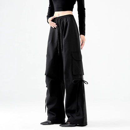 High Rise Plain Pocket Loose-Fit Wide-Leg Cargo Pants SpreePicky