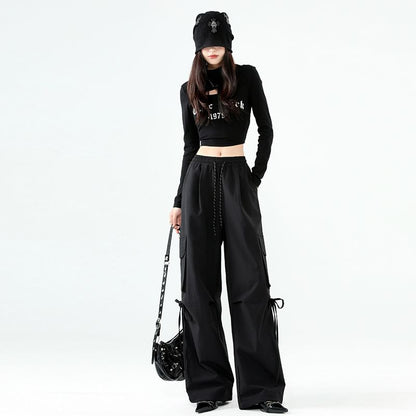 High Rise Plain Pocket Loose-Fit Wide-Leg Cargo Pants SpreePicky