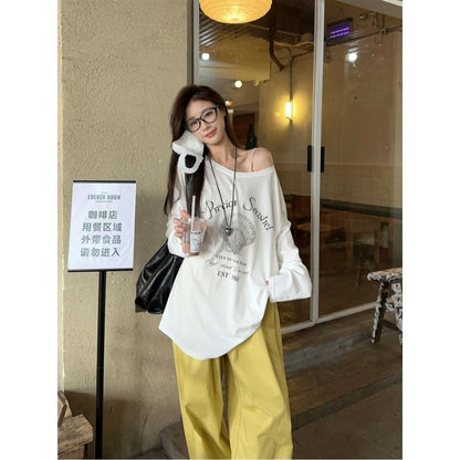 Long Sleeve Cold-Shoulder Graphic & Lettering Print Loose-Fit Pullover / High Waist Loose-Fit Wide-Leg Cargo Pants SpreePicky