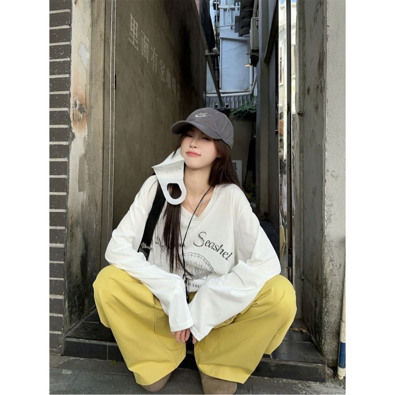 Long Sleeve Cold-Shoulder Graphic & Lettering Print Loose-Fit Pullover / High Waist Loose-Fit Wide-Leg Cargo Pants SpreePicky