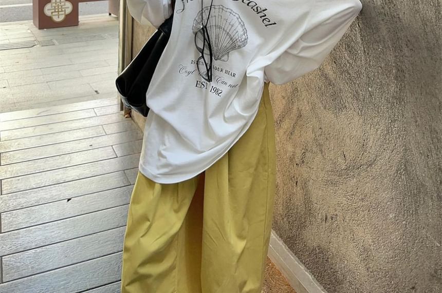 Long Sleeve Cold-Shoulder Graphic & Lettering Print Loose-Fit Pullover / High Waist Loose-Fit Wide-Leg Cargo Pants SpreePicky