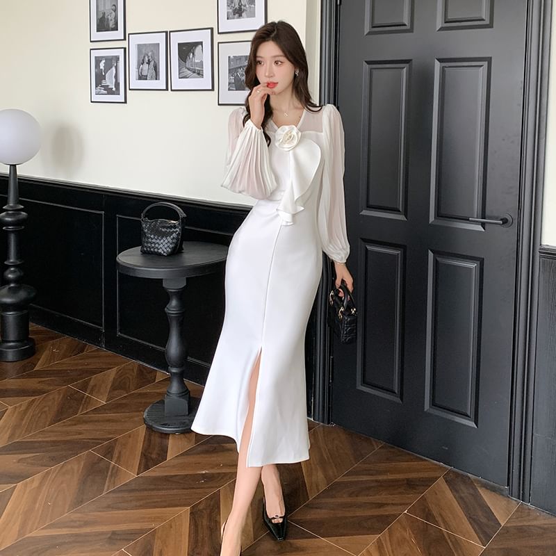 Long-Sleeve V-Neck Plain Flower Accent Slit Midi Sheath Dress SpreePicky