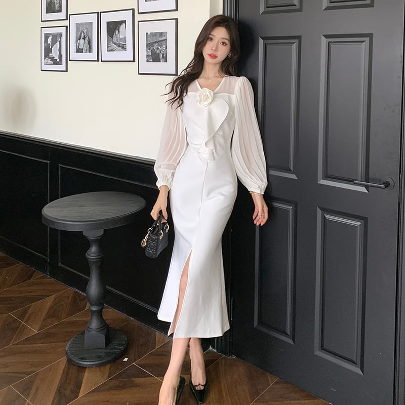 Long-Sleeve V-Neck Plain Flower Accent Slit Midi Sheath Dress SpreePicky