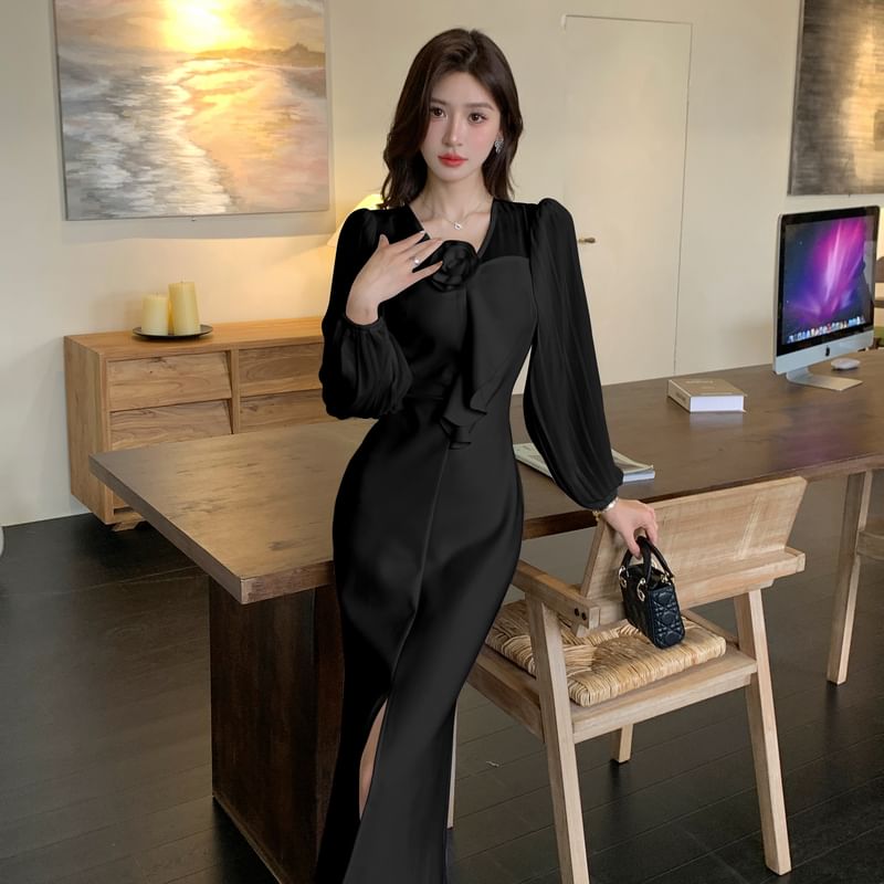 Long-Sleeve V-Neck Plain Flower Accent Slit Midi Sheath Dress SpreePicky