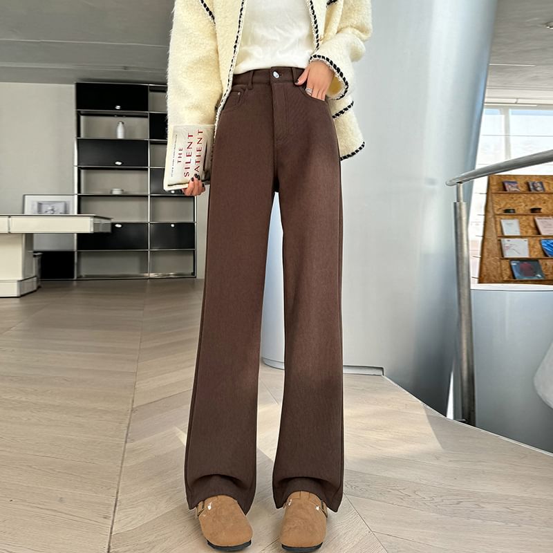 High Rise Plain Pleated Fleece-Lined Corduroy Loose Fit Pants SpreePicky