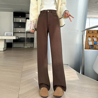 High Rise Plain Pleated Fleece-Lined Corduroy Loose Fit Pants SpreePicky