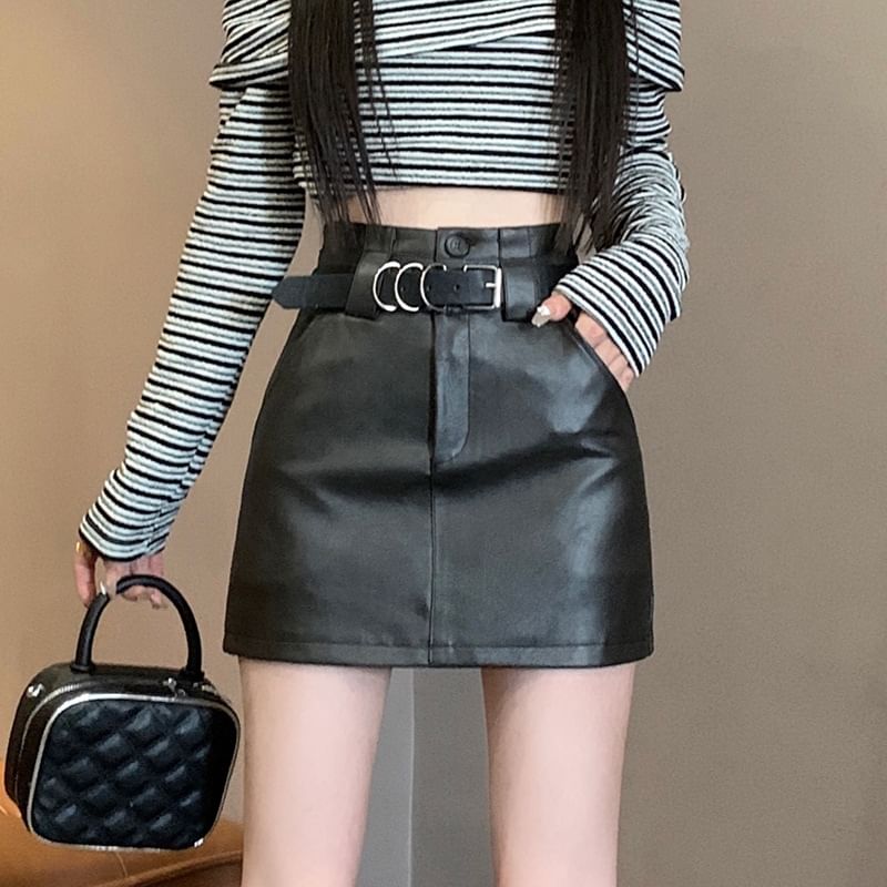 High Waist Faux Leather Mini A-Line Skirt SpreePicky