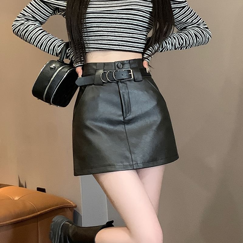 High Waist Faux Leather Mini A-Line Skirt SpreePicky