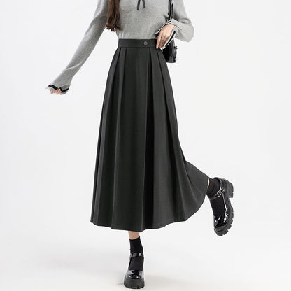 High Rise Plain Pleated Midi A-Line Skirt SpreePicky