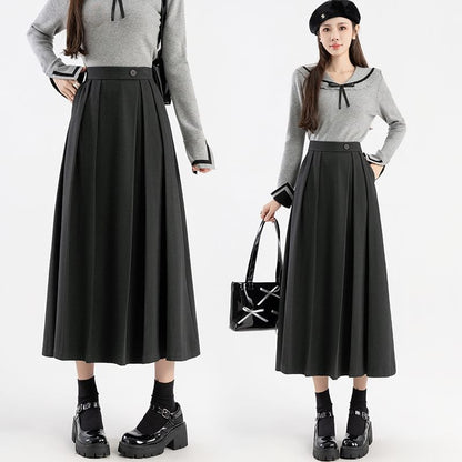 High Rise Plain Pleated Midi A-Line Skirt SpreePicky