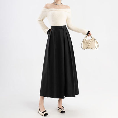 High Rise Plain Pleated Midi A-Line Skirt SpreePicky