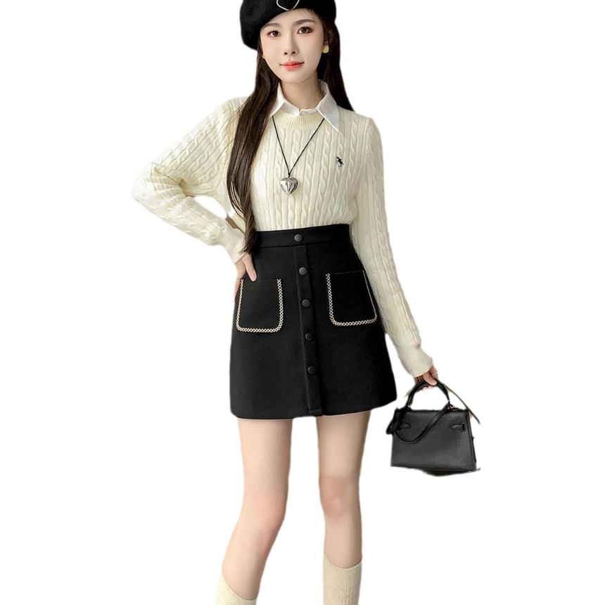 High Waist Embroidered Button Mini A-Line Skirt SpreePicky