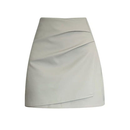 High Rise Plain Ruched Panel Faux Leather Mini A-Line Skirt SpreePicky