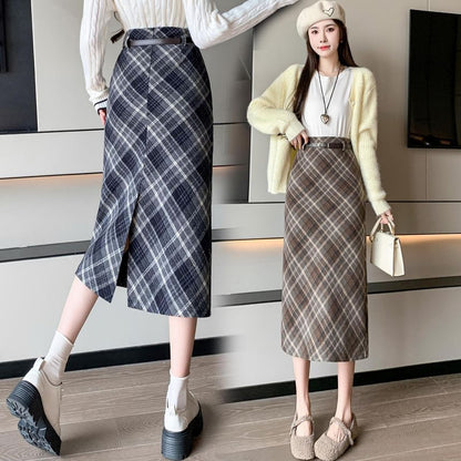 High Waist Plaid Midi A-Line Skirt SpreePicky