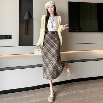 High Waist Plaid Midi A-Line Skirt SpreePicky