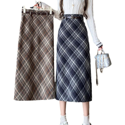 High Waist Plaid Midi A-Line Skirt SpreePicky